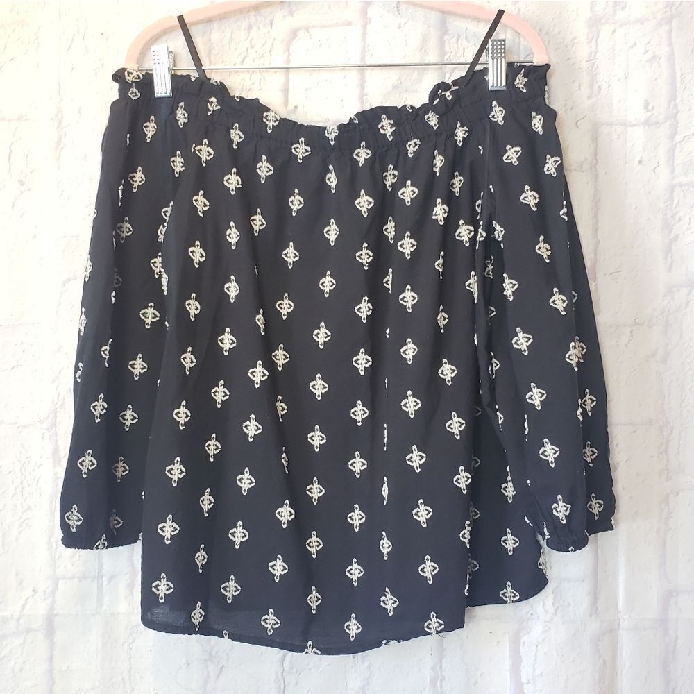 ANN TAYLOR FACTORY Off-Shoulder Top Balloon Sleeves Black Beige Large